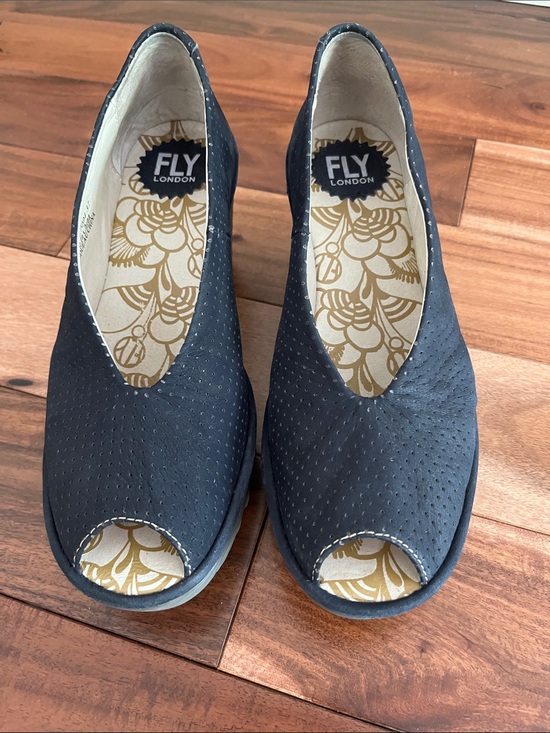 Fly London Shoes - Fly London Navy Peep-Toe Wedge Heels